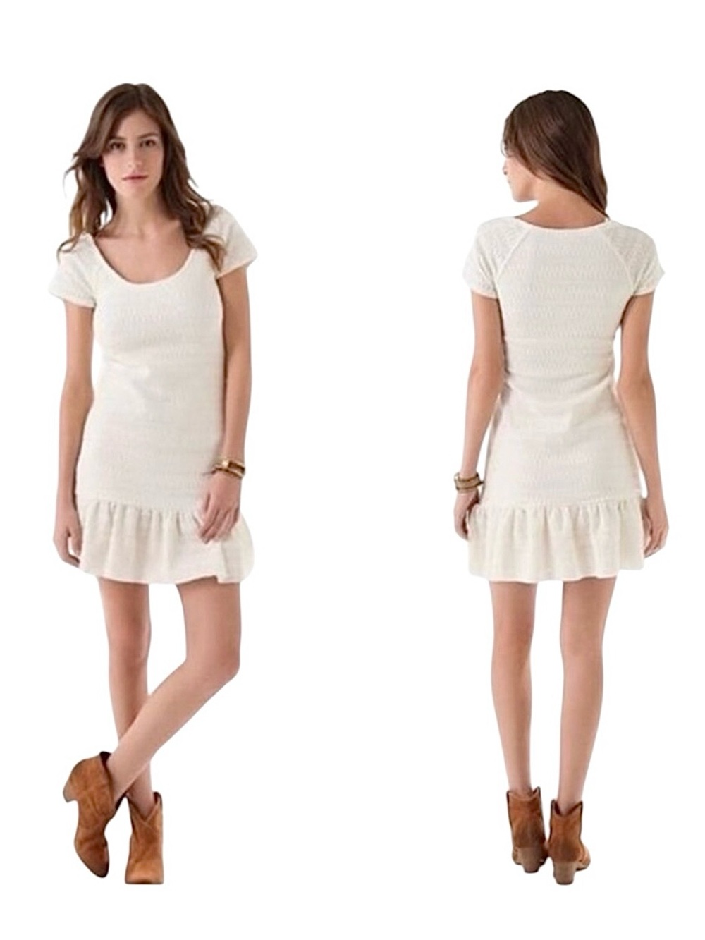 Free People Cozy Day Flounce Dress Women’s White Lightweight Knit Mini Sz M